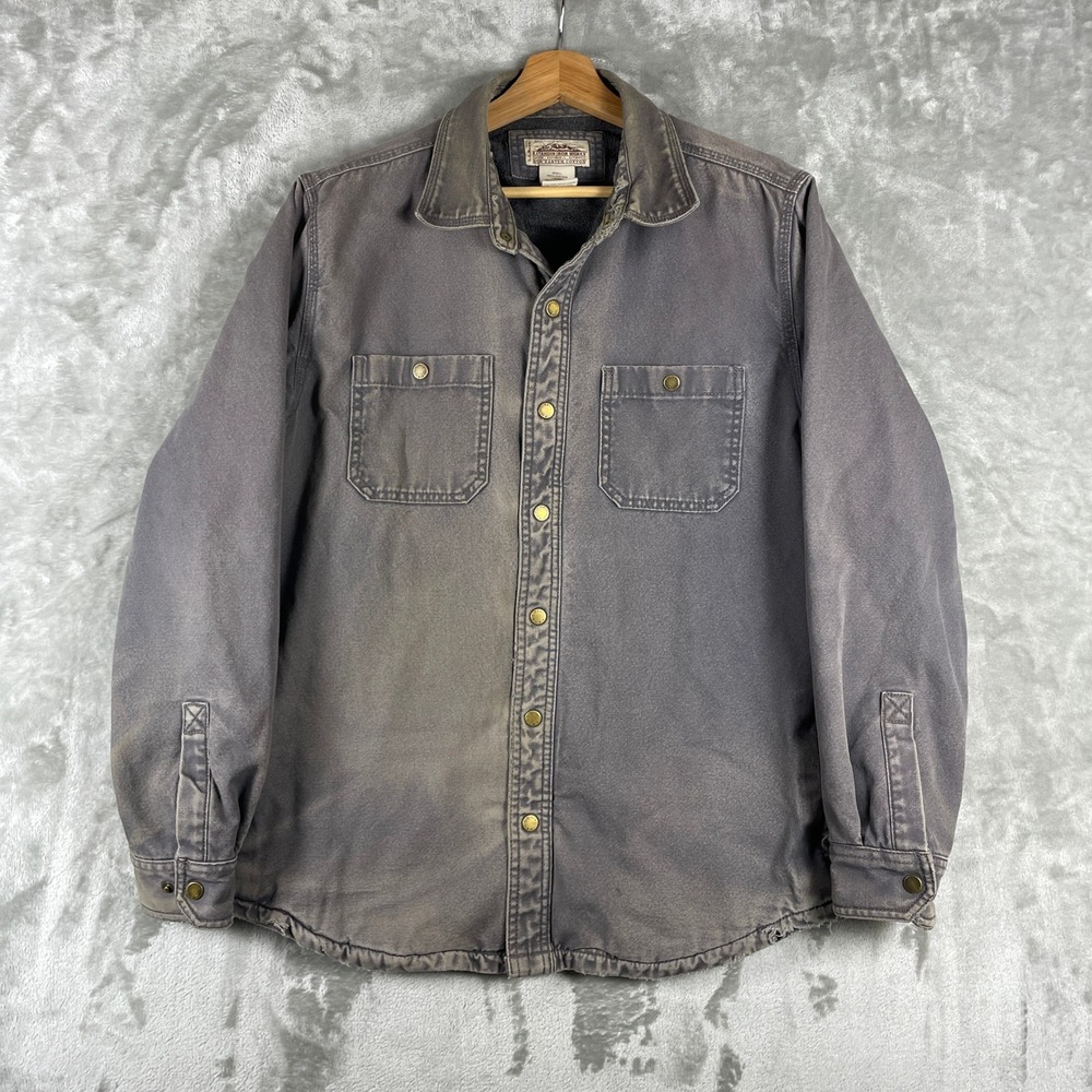 LL Bean Katahdin Iron Works Shirt Jacket Mens L Gray Canvas Fleece Workwear